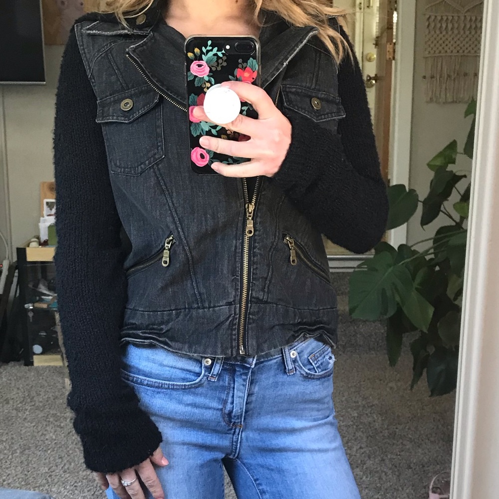 Billabong Black Denim Jacket with Knit Sleeves